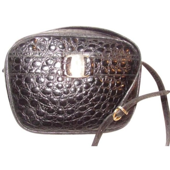 Salvatore Ferragamo Black Crocodile Embossed Leather With Gold Shoulder Bag
